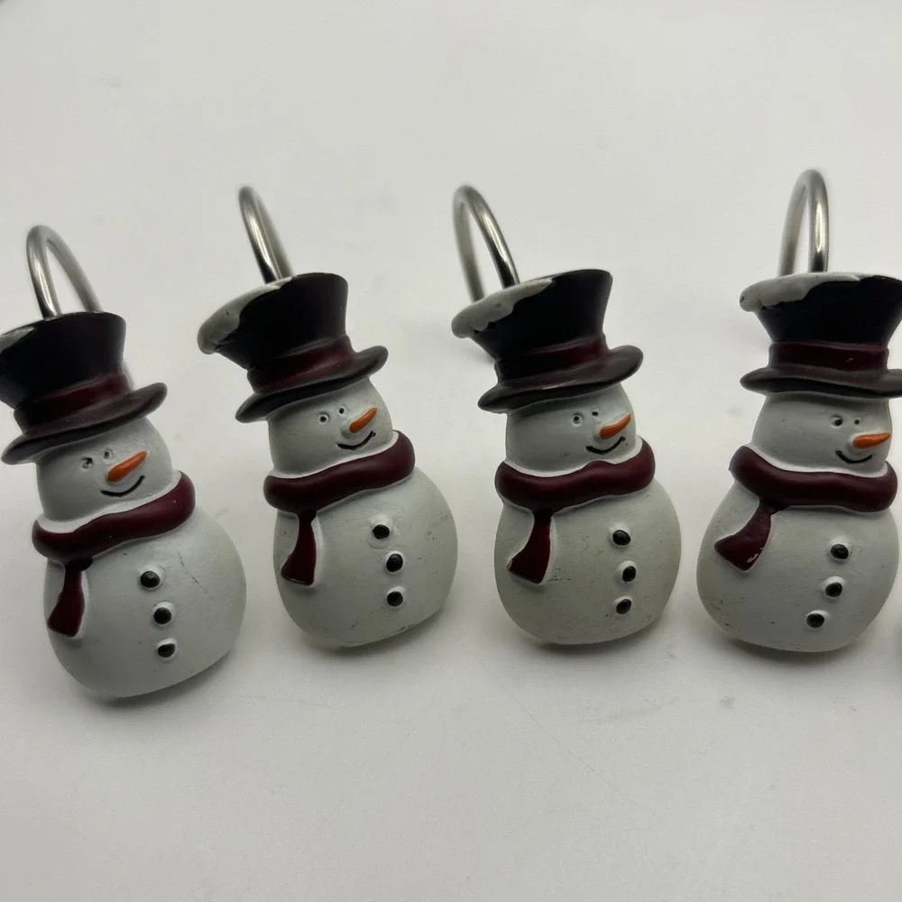 Snowman Shower Hooks Winter Christmas Lot Of 12 Hooks 6 Green Cap& 6 Red top-hat